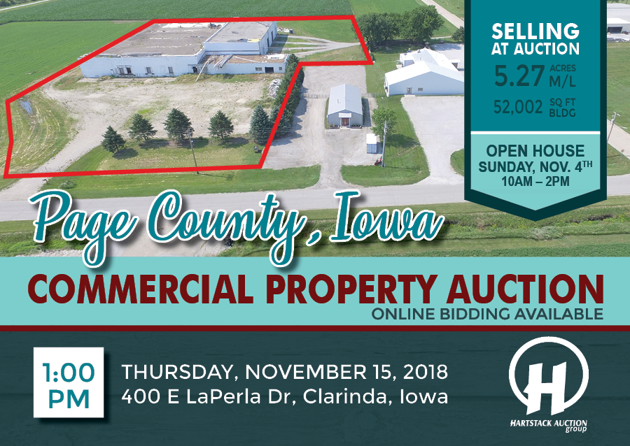 Clarinda Commercial propety auction Nov 15, 2018 post card